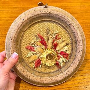 Wall hanging, handmade, pottery, ceramic plaque w/dry flower arrangement burlap